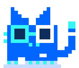 Byte, the blue pixel cat, typing on a keyboard